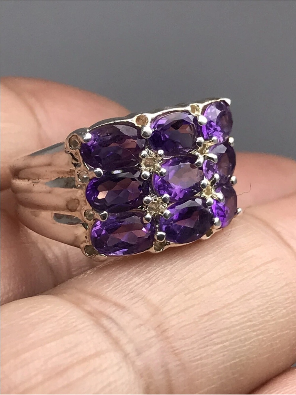 925 Silver Amethyst Cluster Ring - Elegant Purple Gemstones Size 6.5